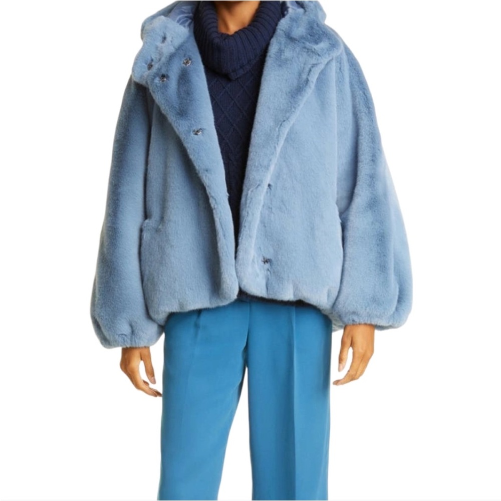 NWT Haute Hippie Juliet Faux Fur Oversized Coat Blue MSRP $595 Size Small